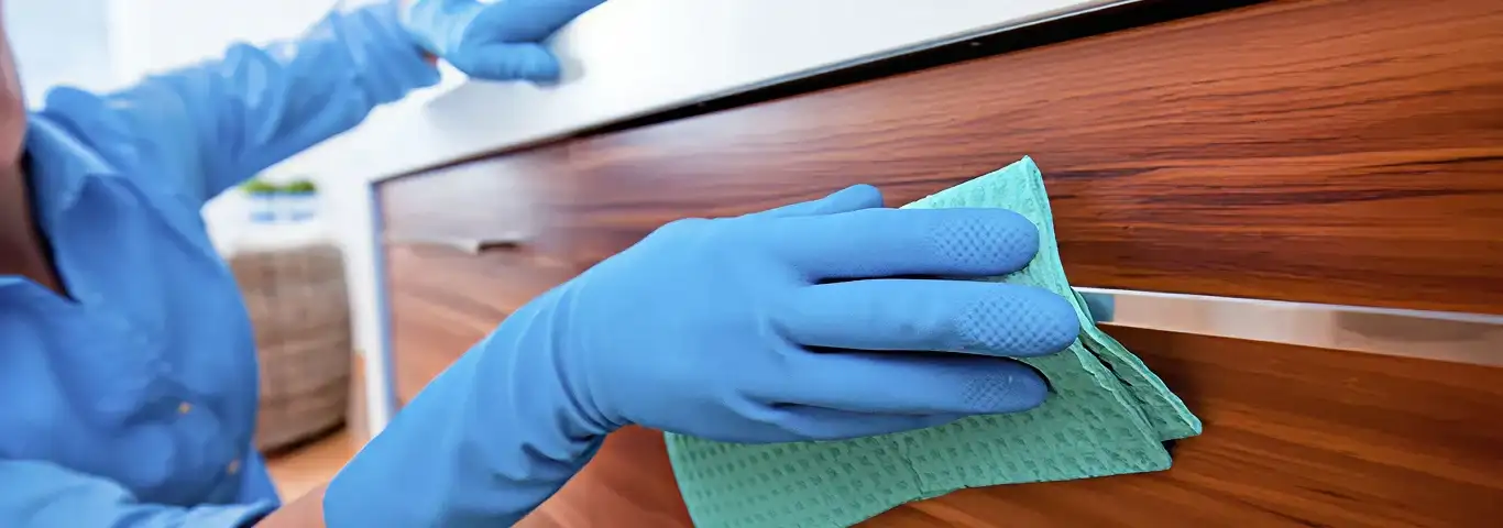 Cleaner wearing blue gloves wiping a wooden cabinet drawer with a microfiber cloth for dust and grime removal, Albany, NY.
