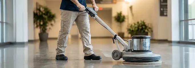 Professional technician using an industrial floor buffer to polish and maintain shiny commercial flooring in a corporate hallway in Albany, NY.