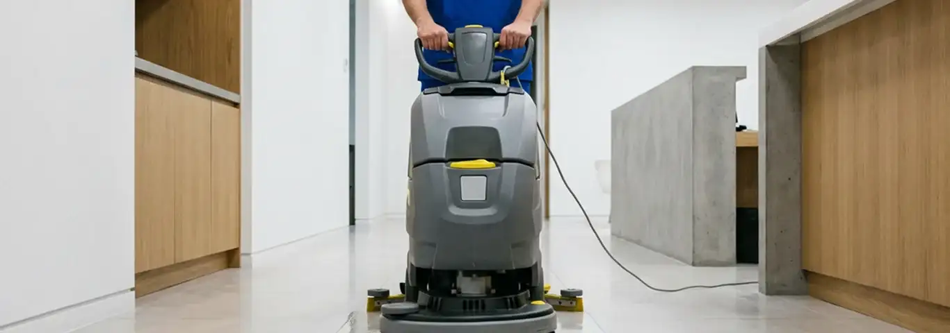 Janitorial staff using a floor scrubber machine to clean a commercial hallway, Albany, NY.