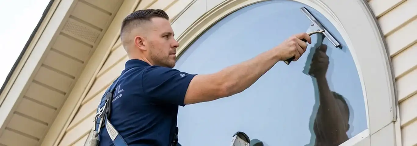 Professional window cleaner using a squeegee to clean an exterior arched window on a home, Albany, NY.