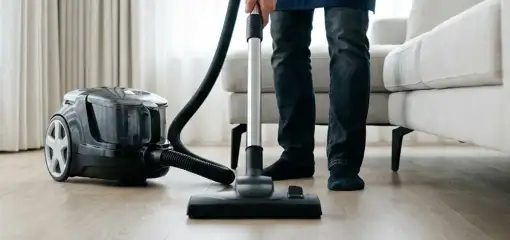 Professional house cleaner vacuuming a living room floor with a canister vacuum cleaner, Albany, NY.