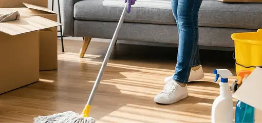 Move-out cleaning setup with a cleaner mopping hardwood floors near moving boxes and cleaning supplies, Albany, NY.