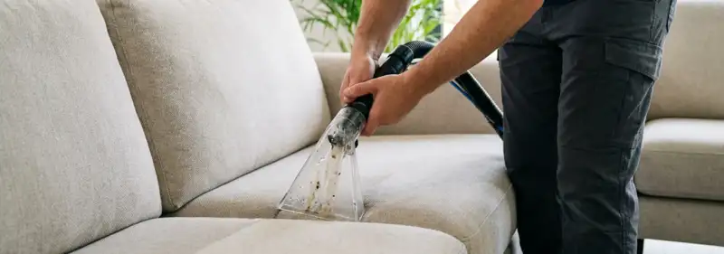 Technician extracting dirt and moisture from a fabric sofa with an upholstery cleaning wand, Albany, NY.