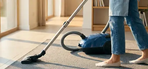 Person vacuuming a living room rug with a canister vacuum cleaner near large windows, Albany, NY.